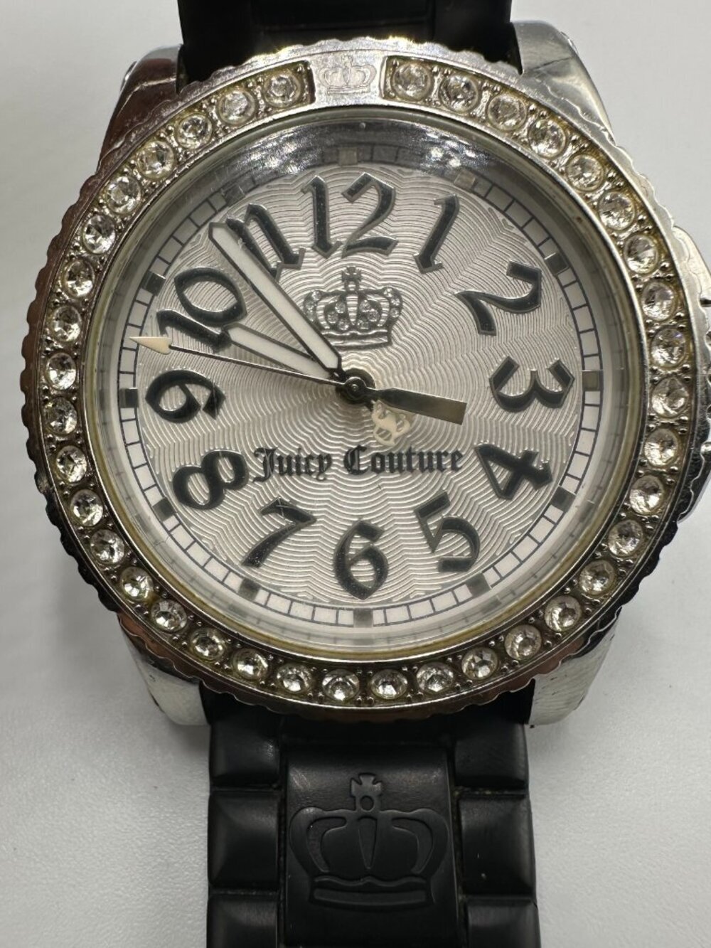 Juicy Couture Watch Women Silver Tone Crystal Bezel Black Silicone Band 8.5"